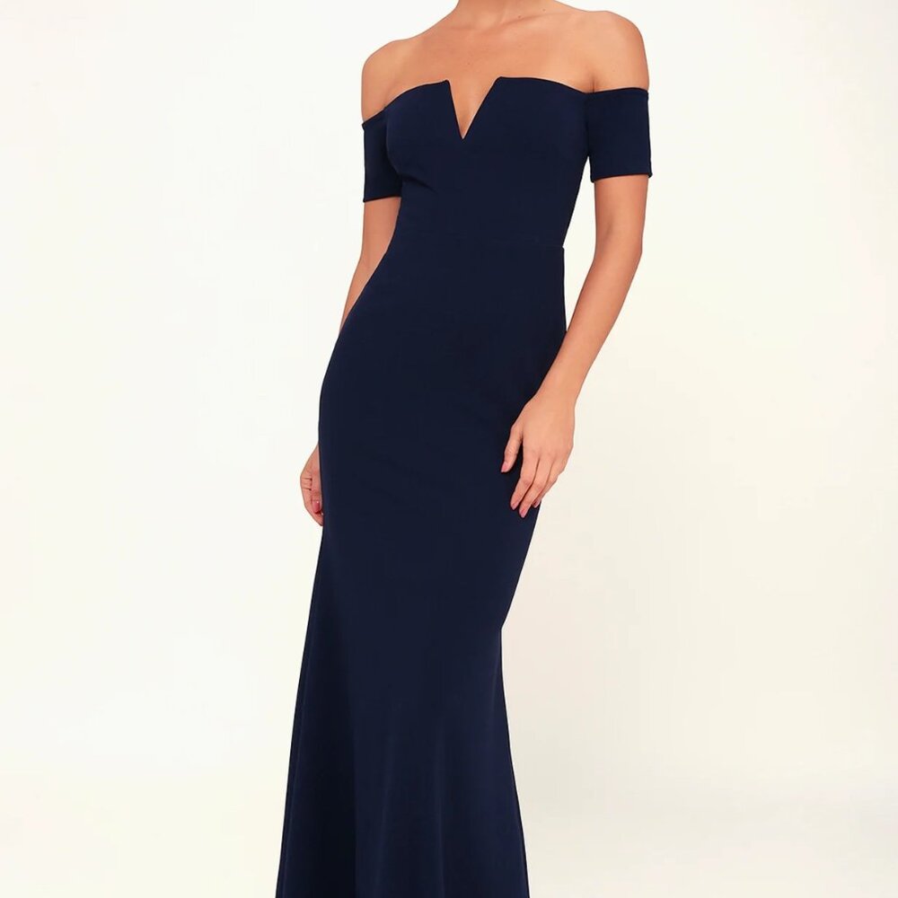 Lulus Lynne Navy Blue Off-the-Shoulder Maxi Dress, XS